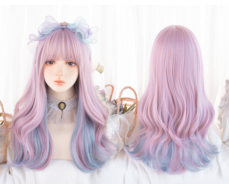 Pink Highlights Blue Medium Length Wavy Synthetic Wig