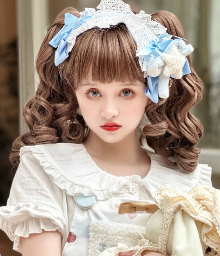 Pink/Black/Brown/Light Gold Wavy Chin Length Synthetic Wig with Double Ponytails