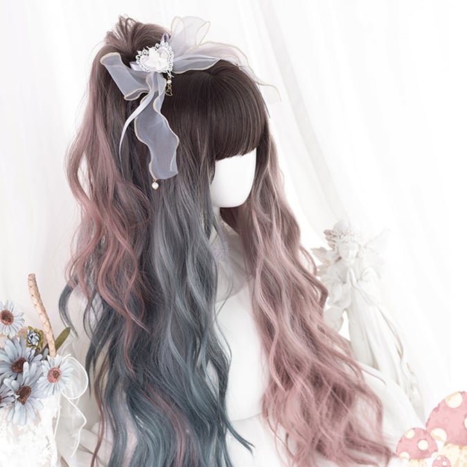 Waist Length Wavy Dusty Green and Dusty Pink Ombre Synthetic Wig