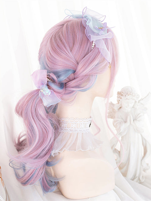 Pink Highlights Blue Medium Length Wavy Synthetic Wig