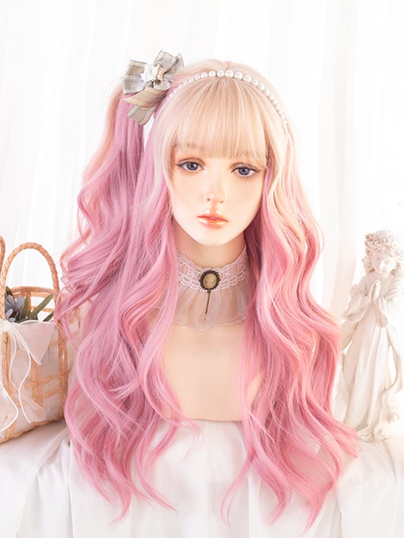 Ombre Hair Color Pink Long Wavy Synthetic Wig