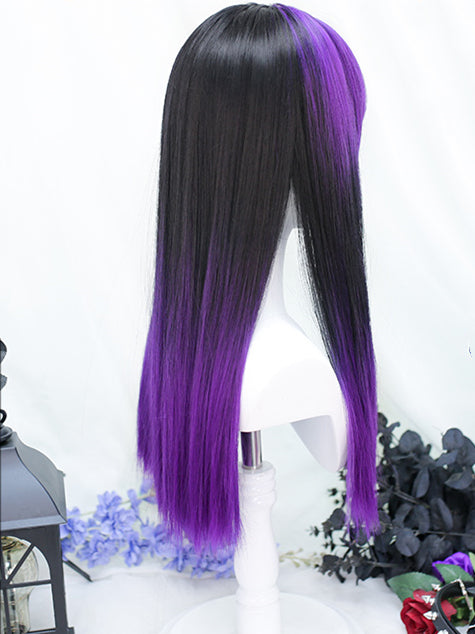 Purple and Black Mixed Color Medium Straight Synthetic Wig
