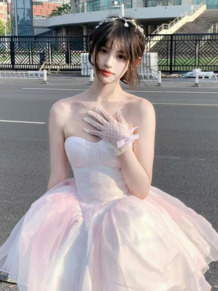 Light Pink Ombre Basque Waist Ballet Corset Dress Princess Birthday Dress
