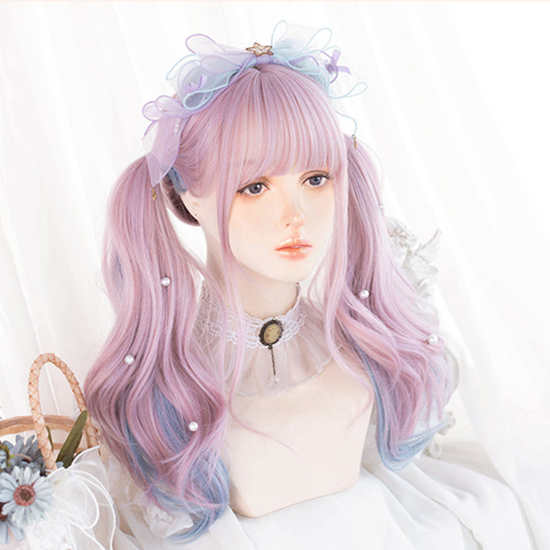 Pink Highlights Blue Medium Length Wavy Synthetic Wig