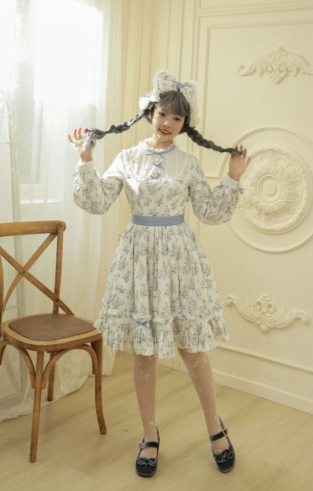 Loemi Garden Floral Print Ruffle Neckline Long Sleeves One Piece