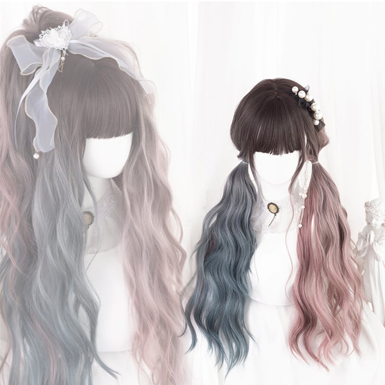 Waist Length Wavy Dusty Green and Dusty Pink Ombre Synthetic Wig