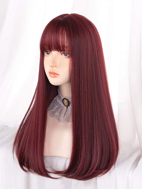 Rose Red Long Straight Synthetic Wig