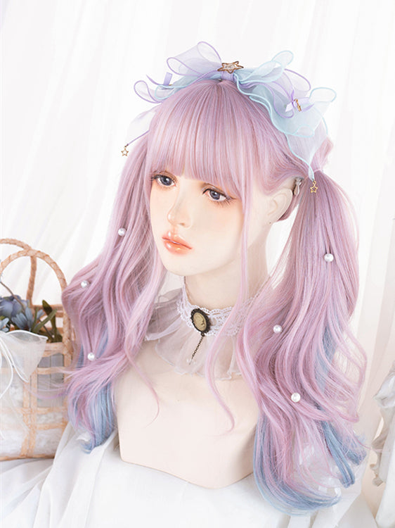 Pink Highlights Blue Medium Length Wavy Synthetic Wig