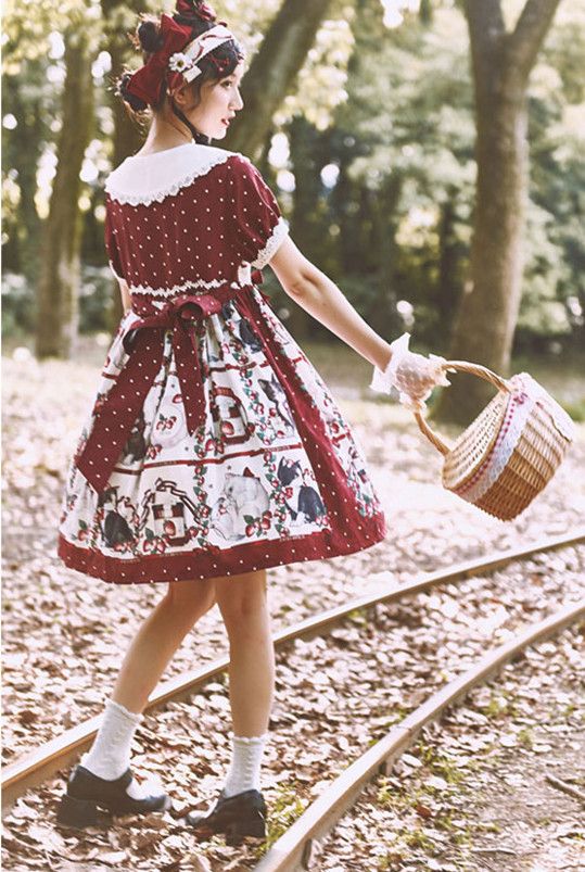 March Courtyard Red Cat Print One Piece Polka-dot Pattern