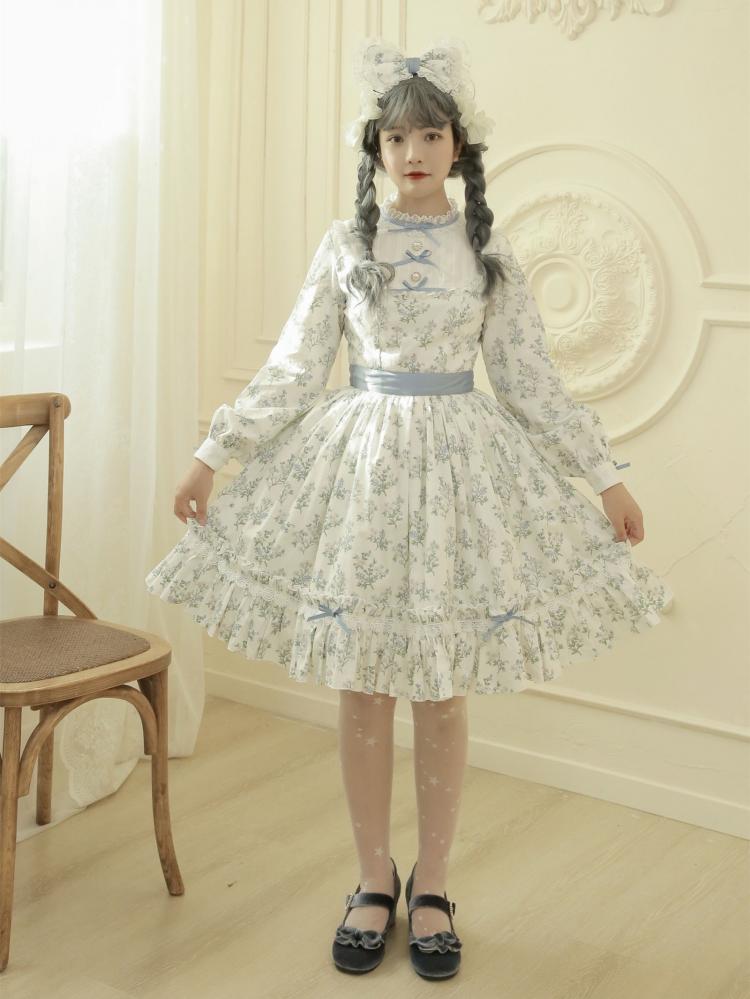 Loemi Garden Floral Print Ruffle Neckline Long Sleeves One Piece