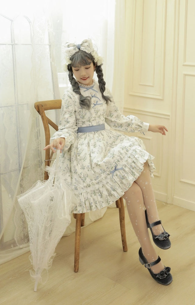 Loemi Garden Floral Print Ruffle Neckline Long Sleeves One Piece
