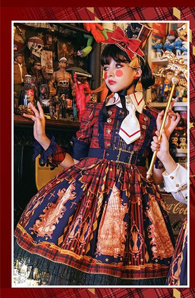 Red Nutcracker Fantasy Night Print Ruffle Trim Middle Sleeves One Piece