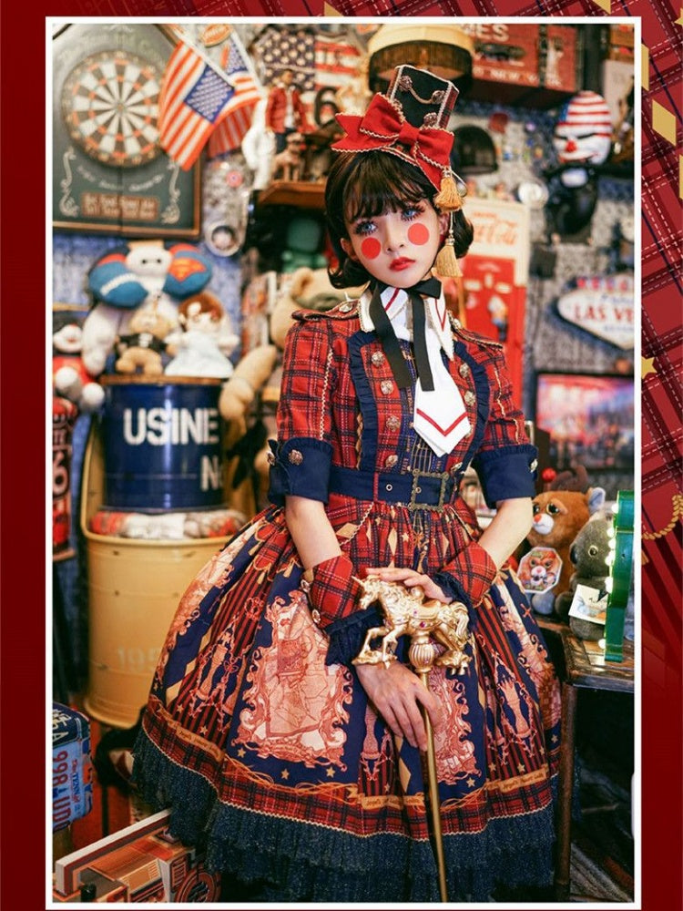 Red Nutcracker Fantasy Night Print Ruffle Trim Middle Sleeves One Piece