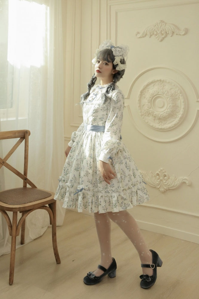 Loemi Garden Floral Print Ruffle Neckline Long Sleeves One Piece