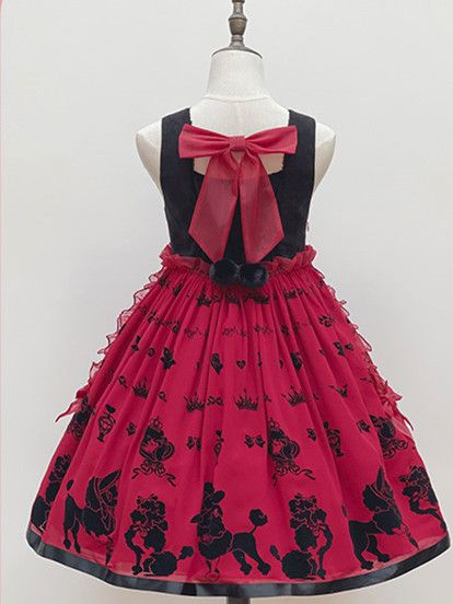 Red Cute Poodle Print Design Ruffle Trim Jumper Skirt
