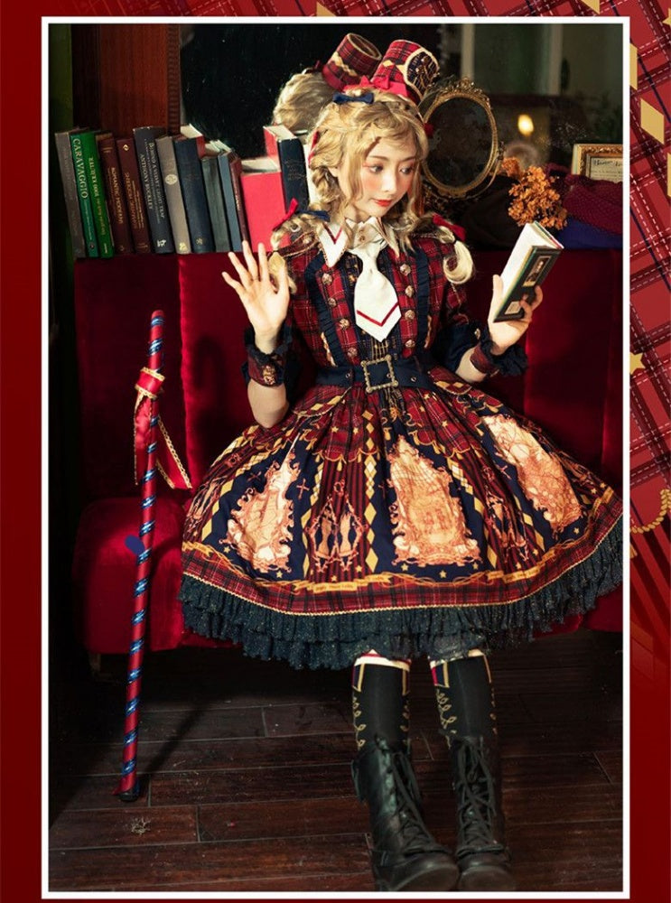 Red Nutcracker Fantasy Night Print Ruffle Trim Middle Sleeves One Piece