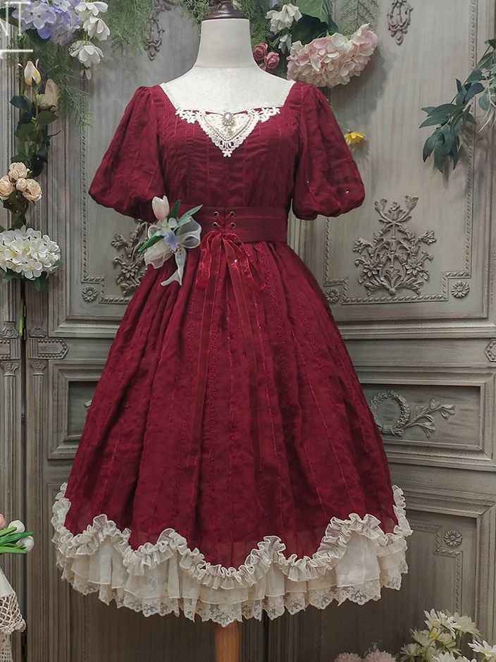 Tulip 1.0 Tiered Skirt and Ruffle Trim Short Sleeves One Piece Version A (Lace Applique Neckline)/Version B