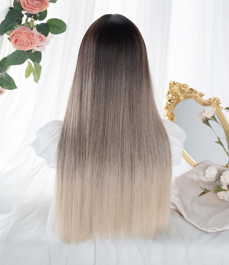 Straight Ombre Hair Color Dark Brown to Golden Synthetic Wig