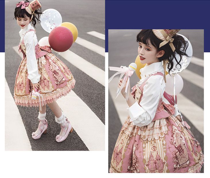 Pink Nutcracker Fantasy Night Print Bowknot Detail Jumper Skirt
