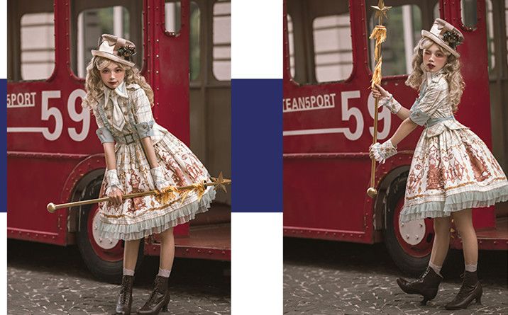 Sax Nutcracker Fantasy Night Print Ruffle Trim Middle Sleeves Dress OP