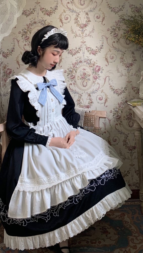 Lily in Early Snow Maidservant Style Ruffle Trim Black One Piece