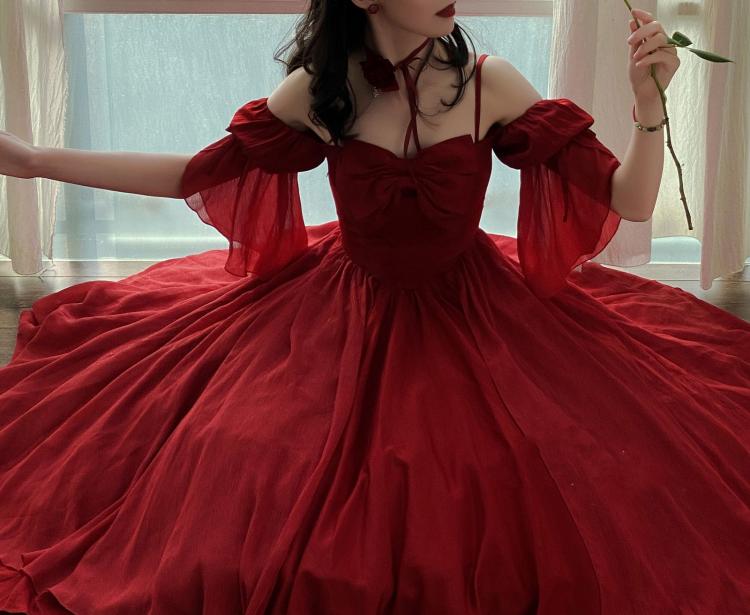 Morning Dew Red Off-the-shoulder Neckline Short Sleeves Elegant Lolita Dress OP