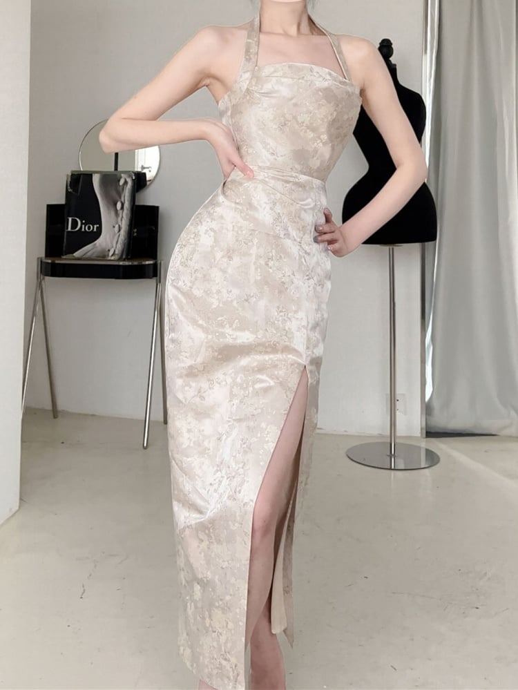 Nude Thigh-high Slit Halter Neck Qipao with Floral Pattern