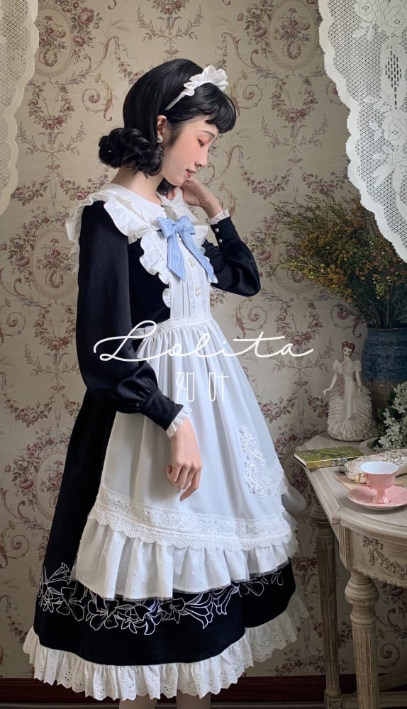 Lily in Early Snow Maidservant Style Ruffle Trim Black One Piece
