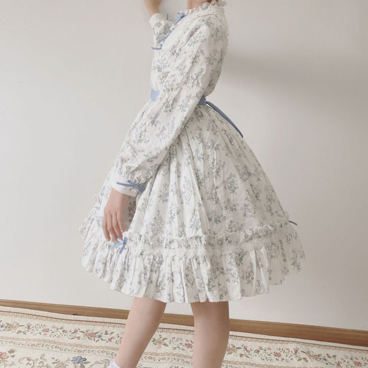 Loemi Garden Floral Print Ruffle Neckline Long Sleeves One Piece