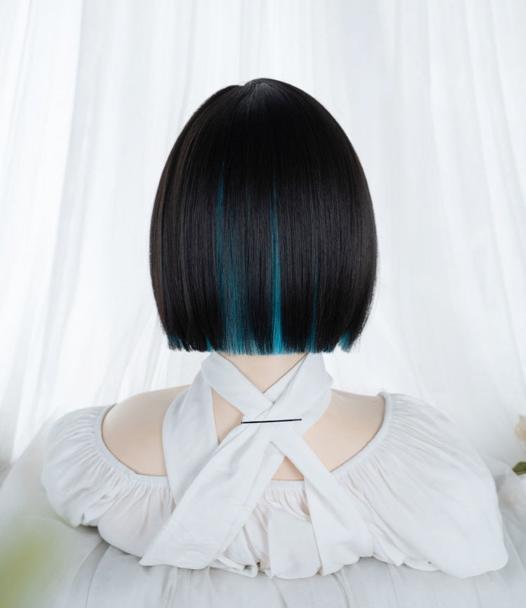 Highlight Hair Color Peacock Blue-Green Short Synthetic Wig