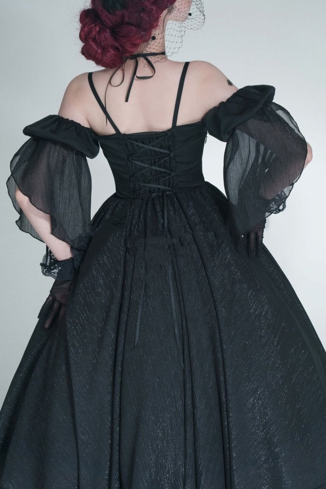 Long Version Morning Dew Black Off-the-shoulder Neckline Short Sleeves One Piece