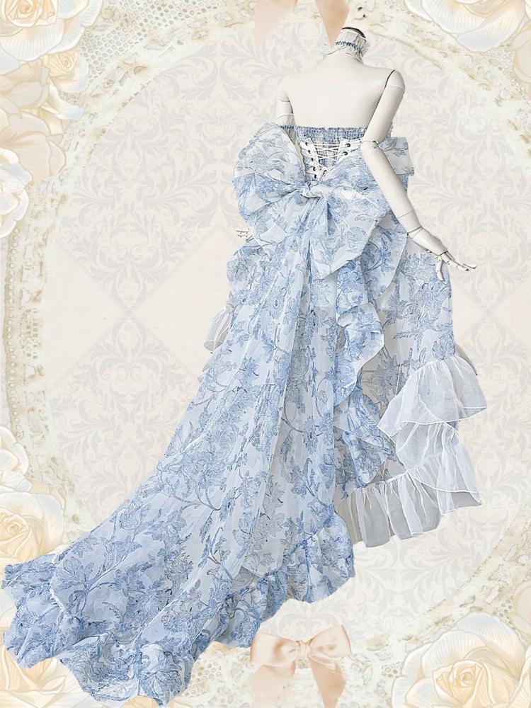 White and Blue Strapless Lace-up Flounce Hem Dress High-low Skirt
