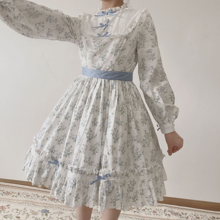 Loemi Garden Floral Print Ruffle Neckline Long Sleeves One Piece