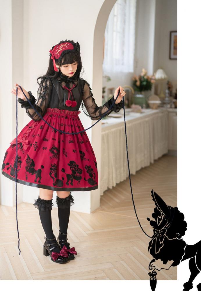 Red Cute Poodle Print Design Ruffle Trim Jumper Skirt