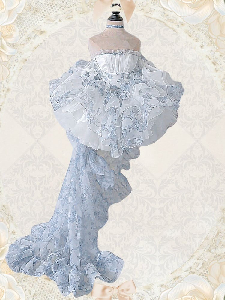White and Blue Strapless Lace-up Flounce Hem Dress High-low Skirt