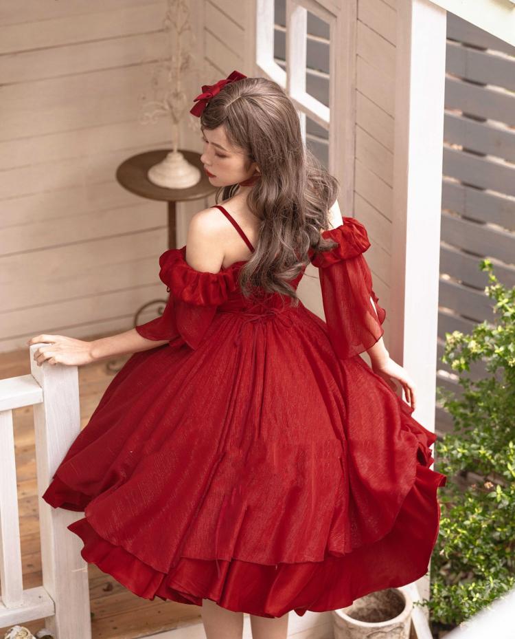 Morning Dew Red Off-the-shoulder Neckline Short Sleeves Elegant Lolita Dress OP