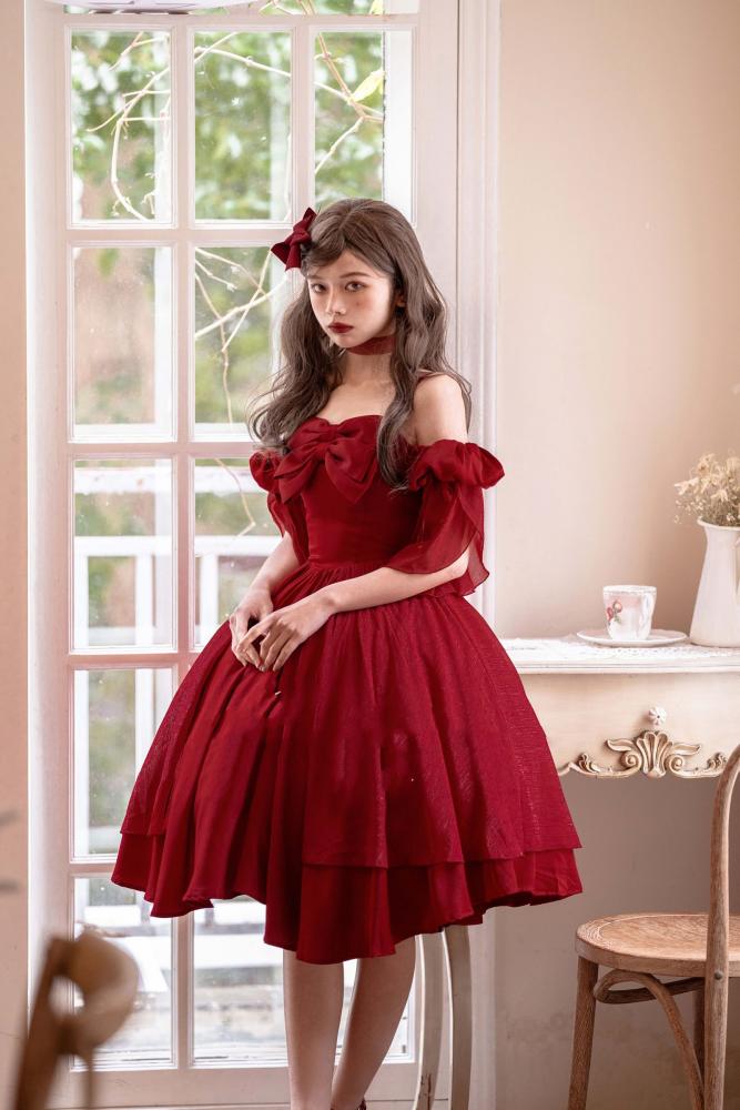 Morning Dew Red Off-the-shoulder Neckline Short Sleeves Elegant Lolita Dress OP