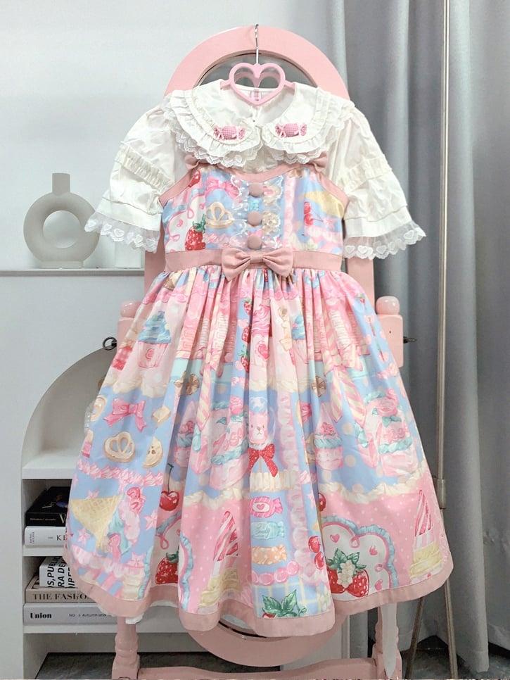 Pink and Blue Strawberry Print High Waist Jumper Skirt