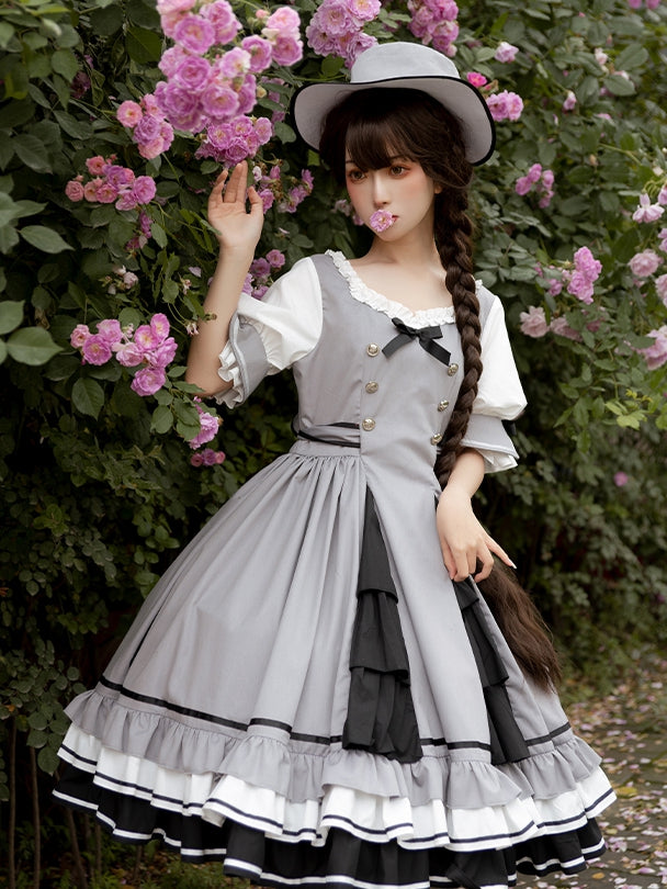 In Stock Black White Gray Tiered Ruffle Hemline Short Sleeves Lolita OP