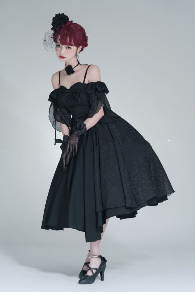 Long Version Morning Dew Black Off-the-shoulder Neckline Short Sleeves One Piece