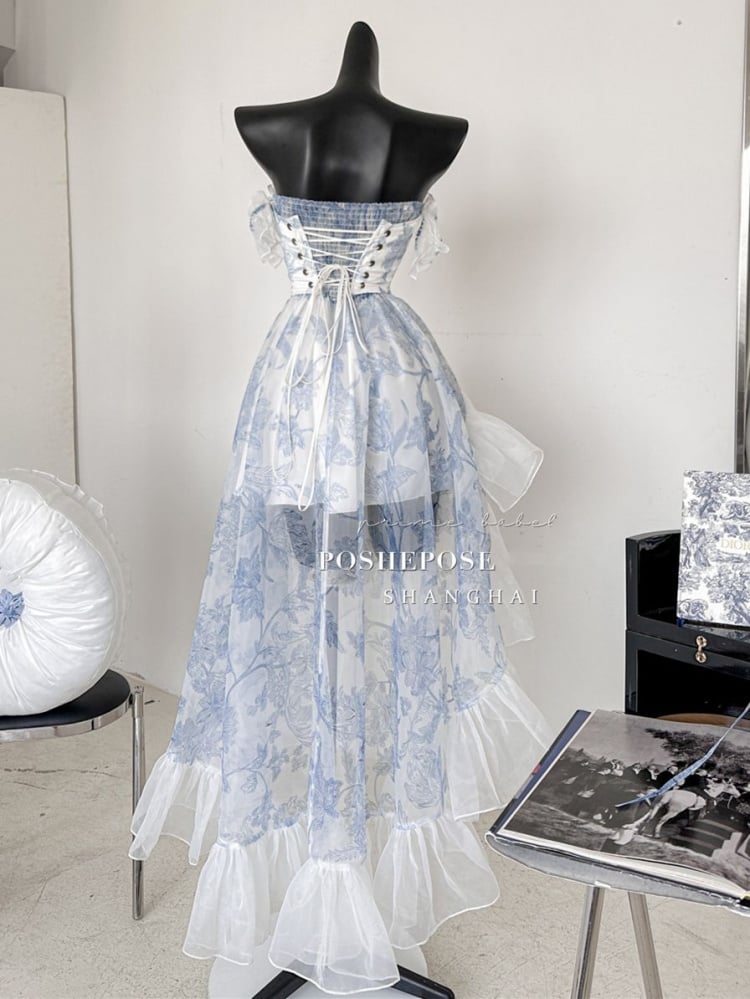 White and Blue Strapless Lace-up Flounce Hem Dress High-low Skirt