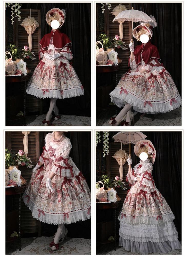 Ivory Fairy Tales Print Bowknot Details Lace Trim Long Sleeves One Piece