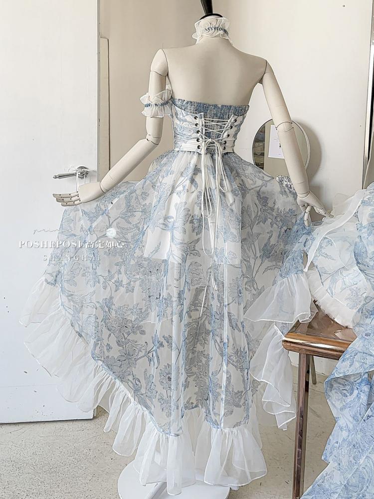 White and Blue Strapless Lace-up Flounce Hem Dress High-low Skirt
