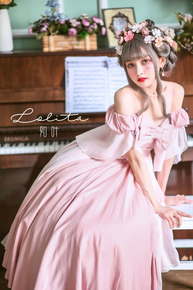 Long Version Morning Dew Pink Off-the-shoulder Neckline Short Sleeves One Piece