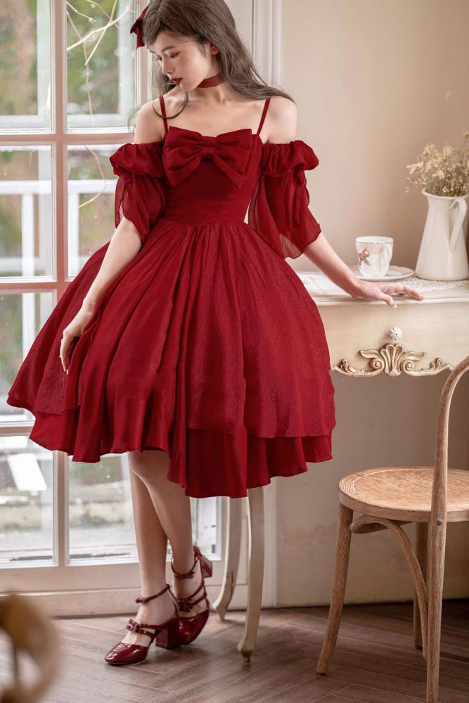 Morning Dew Red Off-the-shoulder Neckline Short Sleeves Elegant Lolita Dress OP