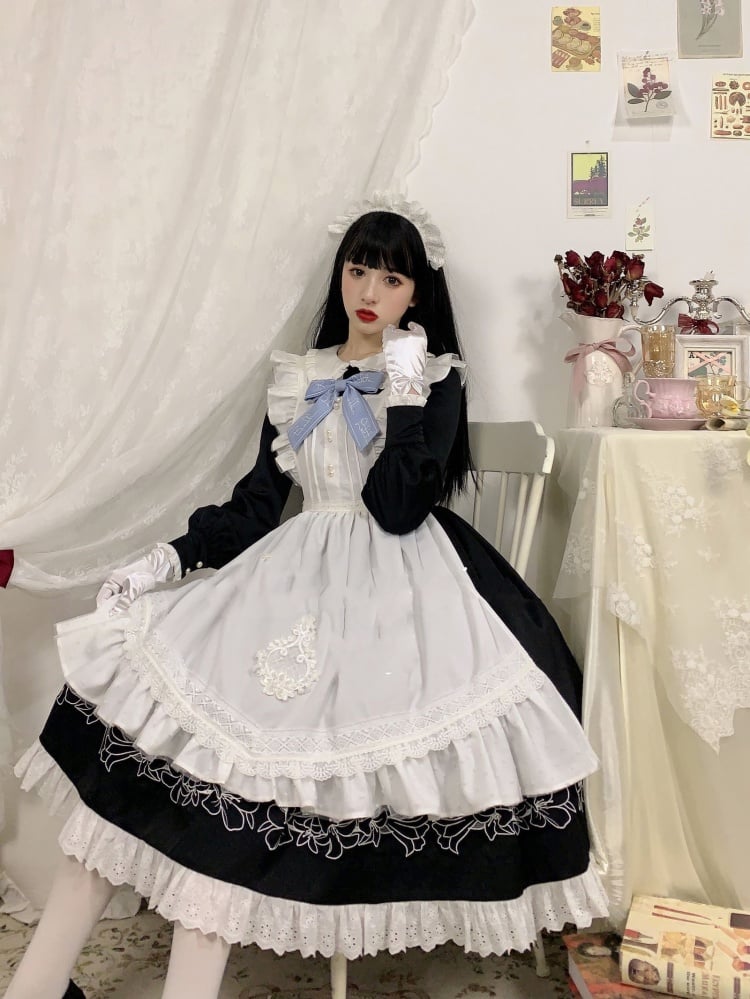 Lily in Early Snow Maidservant Style Ruffle Trim Black One Piece