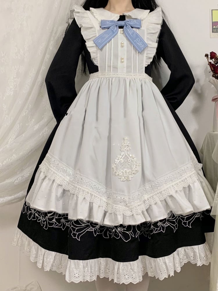 Lily in Early Snow Maidservant Style Ruffle Trim Black One Piece