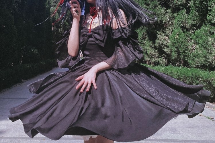 Long Version Morning Dew Black Off-the-shoulder Neckline Short Sleeves One Piece