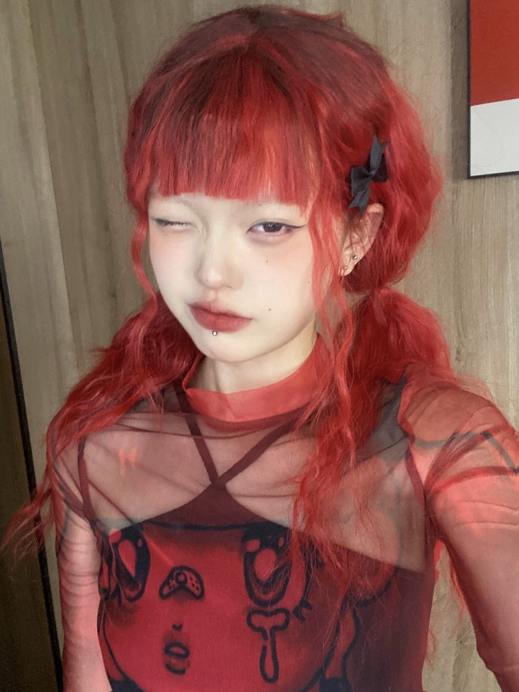 In Stock Long Wool Curly Black Red Ombre Wig