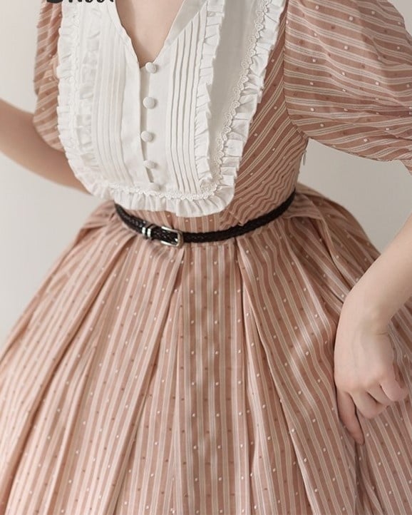 Three Colors Banded Collar Striped Pattern Short Sleeves One Piece